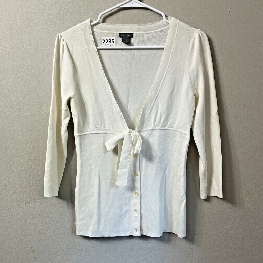 Ann Taylor Womens White Deep V-Neck Cardigan Size XS Bow Tie 3/4 Sleeve Stretch